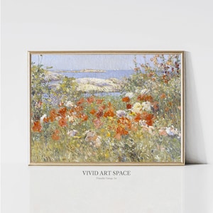 Celia Thaxter&#39;s Garden | Vintage Landscape Painting | Rustic Coastal Print | Flowering Garden Print | Printable Wall Art | Digital Download