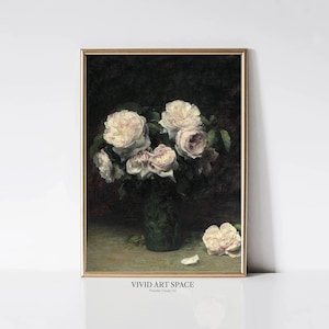 Rosas en un vaso / Impresión de pintura floral vintage / Impresión de arte de flores oscuras / Impresión de naturaleza muerta melancólica / Arte de pared imprimible / Descarga digital