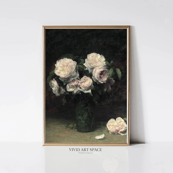 Roses in a Glass | Vintage Floral Painting Print | Dark Flower Art Print | Moody Still Life Print | Printable Wall Art | Digital Download