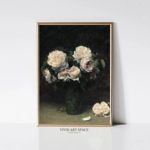 Roses in a Glass | Vintage Floral Painting Print | Dark Flower Art Print | Moody Still Life Print | Printable Wall Art | Digital Download