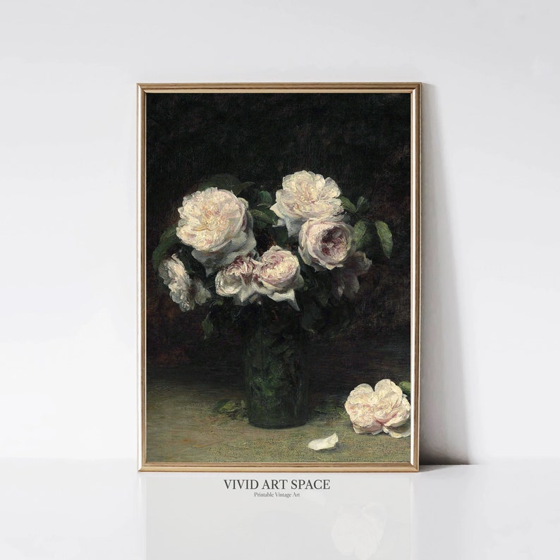 May include: A vintage painting of a bouquet of white roses in a green vase. The roses are arranged in a loose, natural style, and the vase is simple and elegant. The painting is set against a dark background, which helps to highlight the beauty of the flowers.