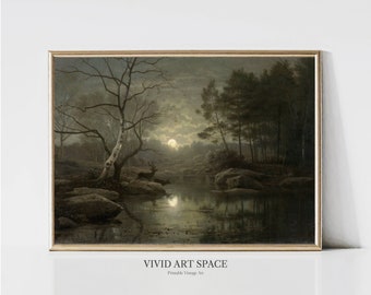Forest Landscape by Moonlight | Dark Vintage Landscape Painting Print | Dark Academia Art Print | Printable Wall Art | Digital Download