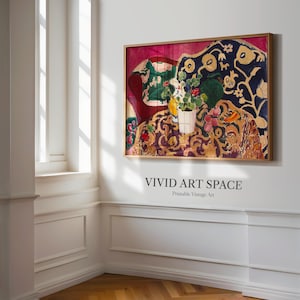 May include: A framed vintage art print featuring a still life with a vase of flowers and a patterned background. The artwork has a gold frame and is displayed on a white wall. The text "VIVID ART SPACE Printable Vintage Art" is below the artwork.