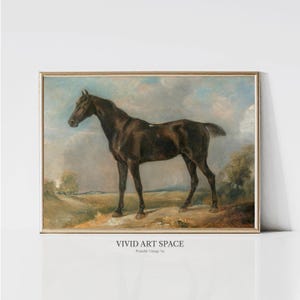 May include: A framed vintage painting of a dark brown horse standing on a grassy hill. The horse is the focal point, set against a backdrop of a cloudy sky and a landscape with trees. The text "VIVID ART SPACE Printable Vintage Art" is at the bottom.