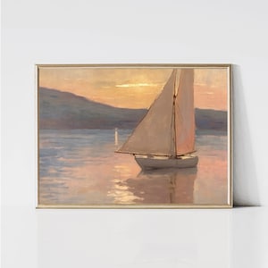 Sailboat at Sunset Painting | Vintage Coastal Landscape | Abstract Modern Seascape Print | Printable Beach House Wall Art | Digital Download