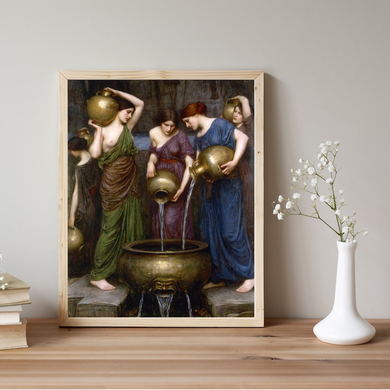 May include: A framed print of a classical painting depicting women in flowing robes, pouring water from golden urns into a large bronze basin. The artwork features a muted color palette with shades of green, purple, and blue.