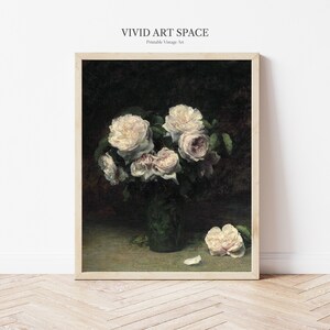 May include: A vintage painting of a bouquet of white roses in a green vase. The roses are arranged in a loose, natural style, and the vase is simple and elegant. The painting is done in a dark, muted palette, which gives it a sense of depth and mystery.