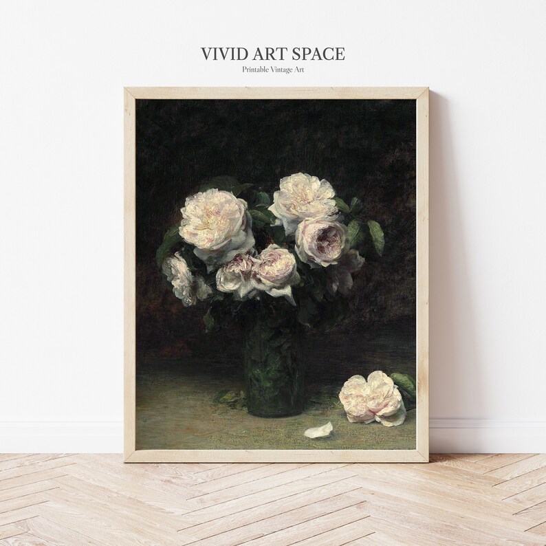 May include: A vintage painting of a bouquet of white roses in a green vase. The roses are arranged in a loose, natural style, and the vase is simple and elegant. The painting is done in a dark, muted palette, which gives it a sense of depth and mystery.
