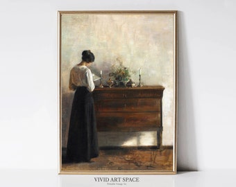 Vintage Woman Portrait Painting | Moody Art Print | Woman Reading Poster | Light Academia Decor | Printable Wall Art | Digital Download