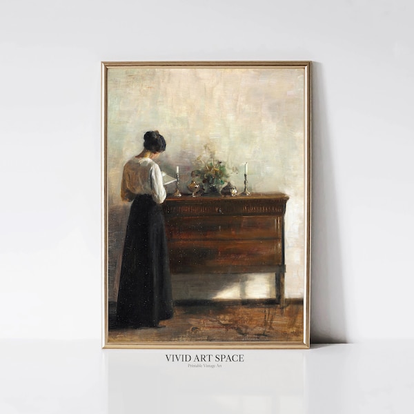Vintage Woman Portrait Painting | Moody Art Print | Woman Reading Poster | Light Academia Decor | Printable Wall Art | Digital Download