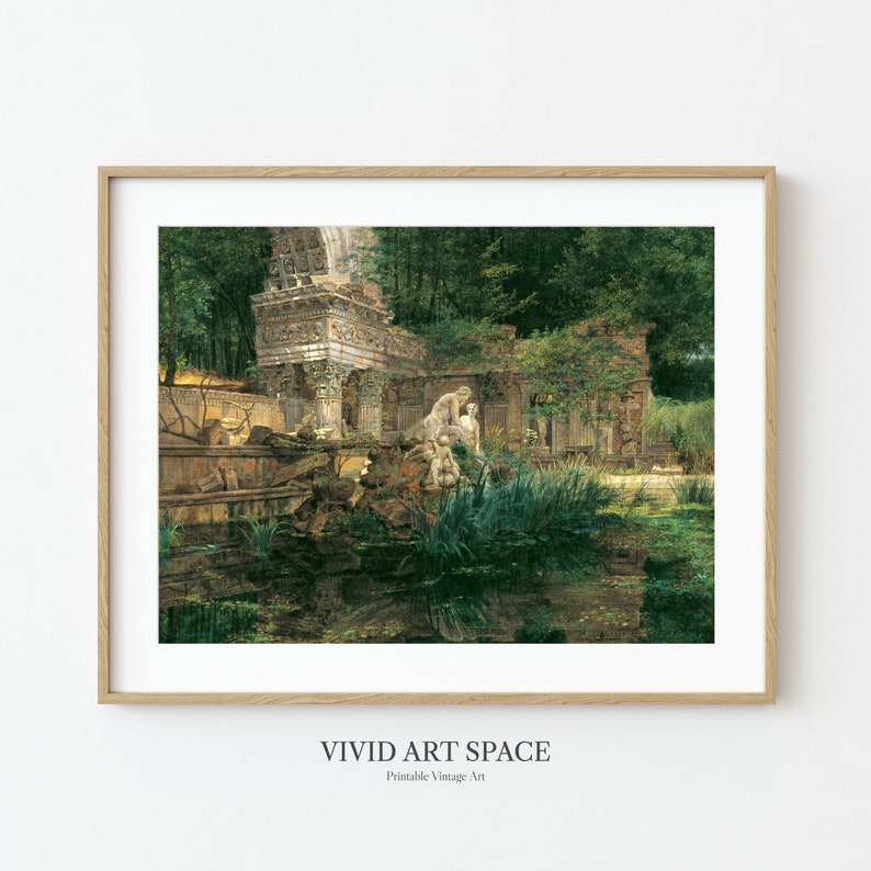 May include: A vintage painting depicting a lush green forest with a stone archway and a pond. The pond is surrounded by greenery and reflects the sky and trees. The painting is framed in a light wood frame.