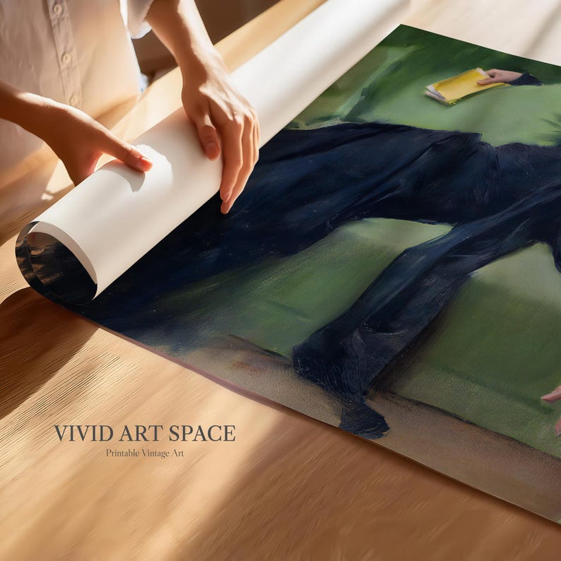 May include: A person unrolling a rolled-up print of a vintage painting. The artwork depicts a figure in dark clothing on a green background. The text "VIVID ART SPACE Printable Vintage Art" is visible on the print.