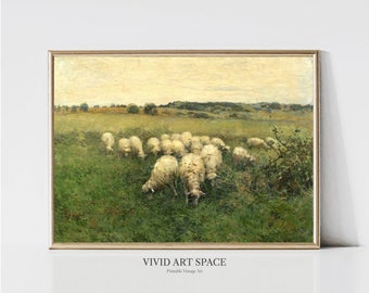 Vintage Sheep Landscape Painting Printable Farm Art Rustic Countryside ...