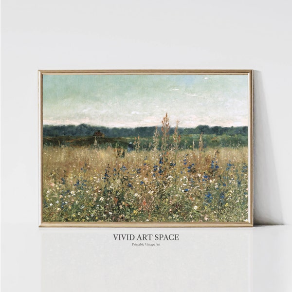 Wiese Wildblumen Gemälde | Vintage Landschaftsdruck | Bauernhaus-Wand-Dekor | Vintage Kunstdruck | Druckbare Wandkunst | Digitaler Download