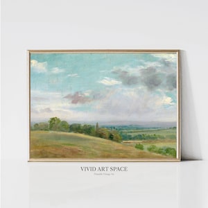 Gedempte groene heuvels | Vintage landschapsschilderij | Rustieke landelijke weideprint | Boerderij muurdecoratie | Afdrukbare muurkunst | Digitale download