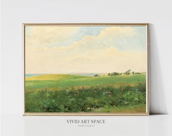 May include: A vintage landscape painting depicting a green field with wildflowers, a body of water in the distance, and a cloudy sky. The painting is framed in a gold frame.