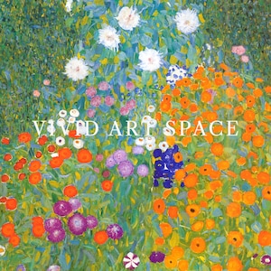 May include: A vibrant painting of a flower garden with a variety of colorful blooms. The artwork features orange, purple, white, and blue flowers set against a backdrop of green foliage. The text "VIVID ART SPACE" is displayed across the image.