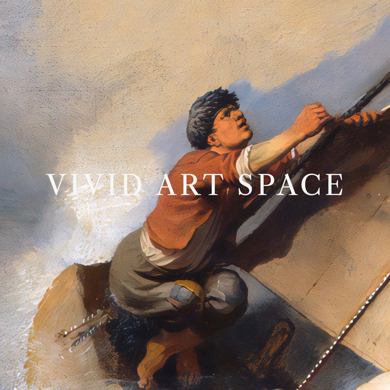 May include: A painting of a man in a red shirt and a black cap pulling on a rope. The text "VIVID ART SPACE" is written in white letters across the bottom of the painting.