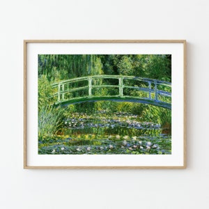 May include: A painting of a green bridge over a pond with water lilies. The bridge is made of wood and has a railing. The pond is surrounded by trees and bushes. The water is a light blue color and the lilies are white.