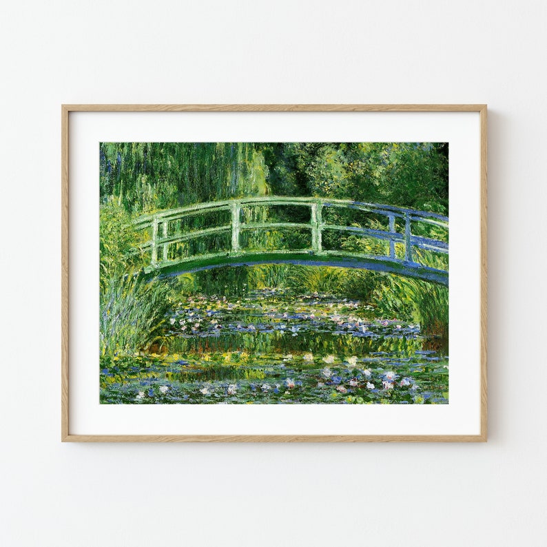 May include: A painting of a green bridge over a pond with water lilies. The bridge is made of wood and has a railing. The pond is surrounded by trees and bushes. The water is a light blue color and the lilies are white.