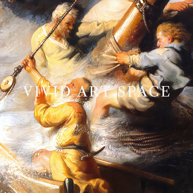 May include: A painting depicting a dramatic scene of a group of people struggling in a stormy sea. The figures are dressed in various shades of brown, yellow, and blue, and the water is a swirling mass of white and gray. The painting is full of movement and energy, and the viewer is drawn into the action.