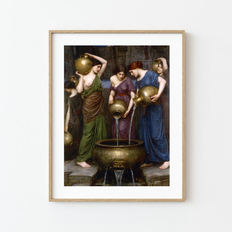 May include: A framed print of a classical painting depicting women in flowing robes, pouring water from golden jugs into a large bronze basin. The women are in shades of green, purple, and blue. The artwork is set against a dark, textured background.