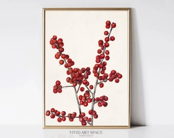 Winterberry Branch Painting | Vintage Holiday Art | Red Berries Still Life | Winter Botanical Print | Printable Wall Art | Digital Download