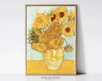 Vincent van Gogh Sunflowers No.2 | Impressionist Floral Painting | Vintage Teal Gold Flower Print | Printable Wall Art | Digital Download