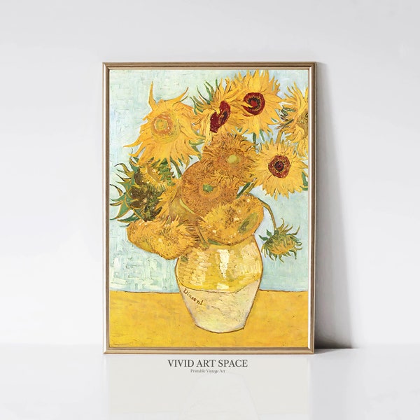 Vincent van Gogh Sunflowers No.2 | Impressionist Floral Painting | Vintage Teal Gold Flower Print | Printable Wall Art | Digital Download