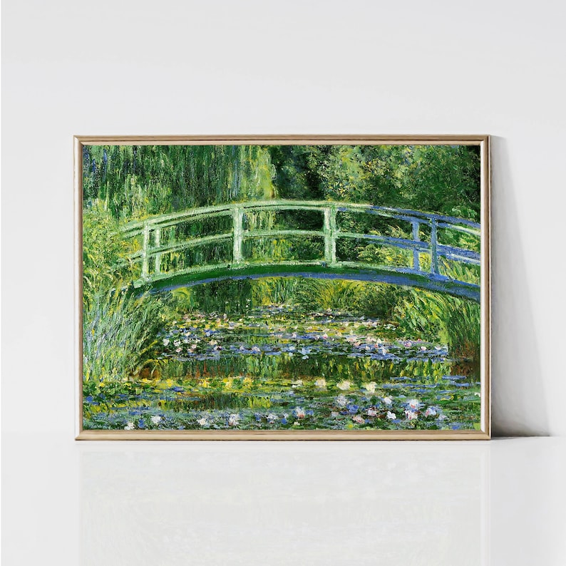 May include: A painting of a green bridge over a pond with water lilies. The bridge is made of wood and has a white railing. The pond is surrounded by green trees and bushes.