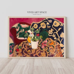 May include: A still life painting featuring a red couch with a floral pattern, a table with a patterned tablecloth, a potted plant, a bowl of fruit, and a vase with a yellow flower. The painting is done in a vibrant style with bold colors.