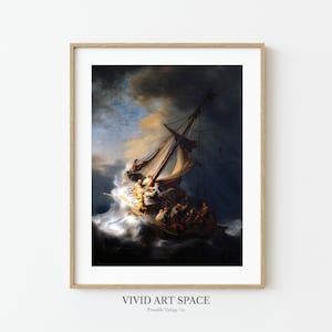 May include: A painting of a ship caught in a storm, with a dramatic sky and waves. The ship is filled with people, and the scene is full of movement and energy.