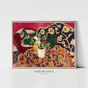 May include: A still life painting of a floral arrangement in a white pot, fruit, and a red couch with a patterned fabric. The painting is set against a red background.