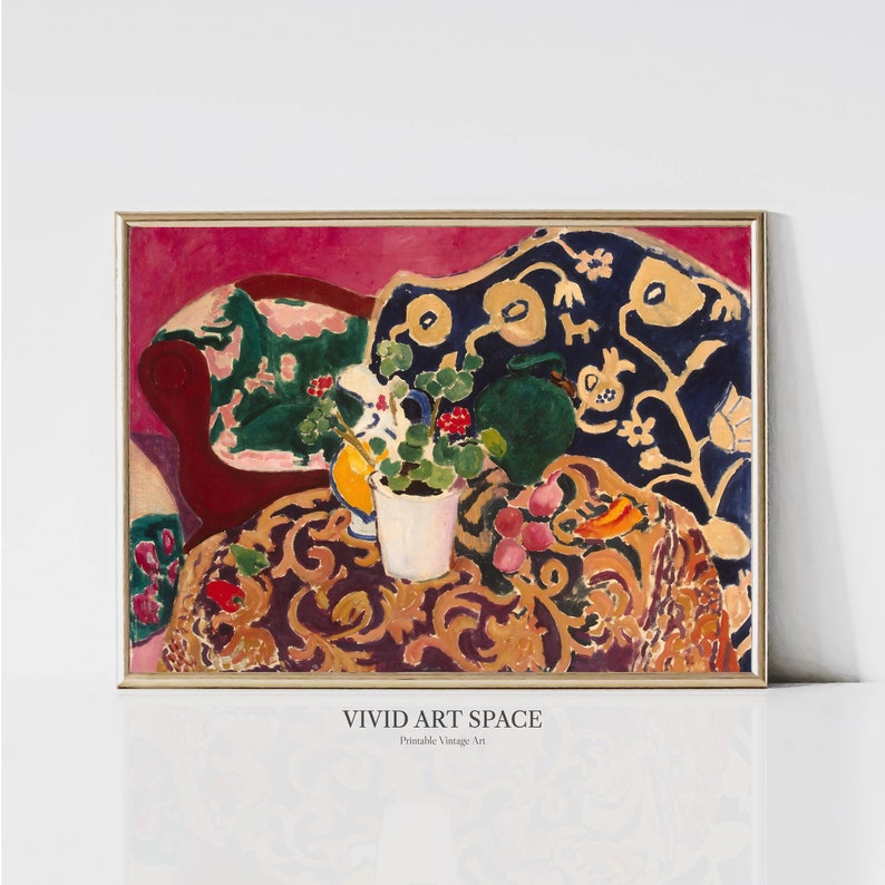 May include: A still life painting of a floral arrangement in a white pot, fruit, and a red couch with a patterned fabric. The painting is set against a red background.