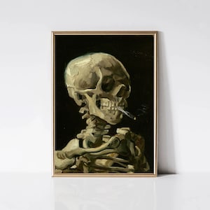 May include: A painting of a human skeleton holding a cigarette in its mouth. The skull is facing to the right and the skeleton is set against a dark background.