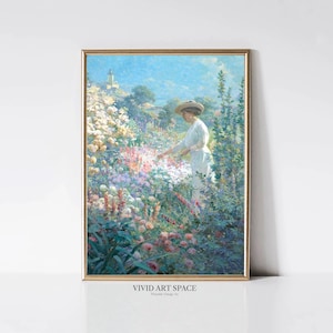 Pintura vibrante de flores de jardim | Retrato de mulher impressionista | Impressão americano da paisagem do vintage de <br> Entrega Rápida? Arte de parede para impressão | Download digital