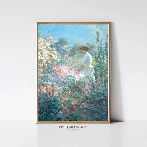 Vibrant Garden Flowers Painting | Impressionist Woman Portrait | Vintage American Landscape Print | Printable Wall Art | Digital Download