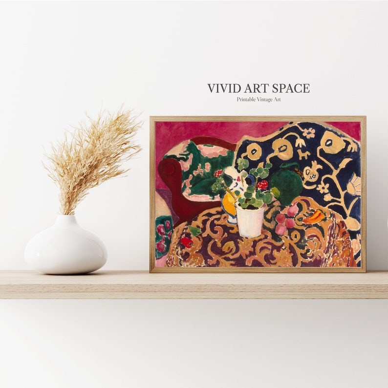 May include: A vintage painting of a still life with a vase of flowers, fruit, and a chair with a patterned fabric. The painting is set against a red background.