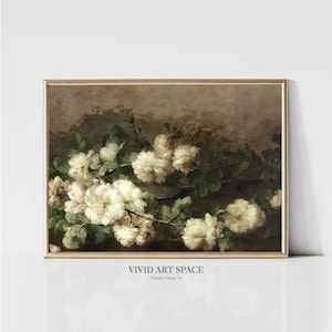 白いバラの絵画 | ビンテージアートプリント | フラワープリント | ムーディな花柄プリント | ファームハウスの壁飾り | 印刷可能な壁アート | デジタルダウンロード
