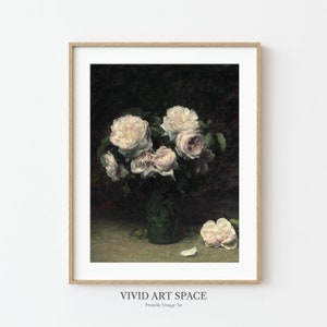 May include: A vintage painting of a bouquet of white roses in a green vase. The roses are arranged in a loose, natural style, and the vase is simple and elegant. The painting is set against a dark background, which helps to highlight the beauty of the flowers.