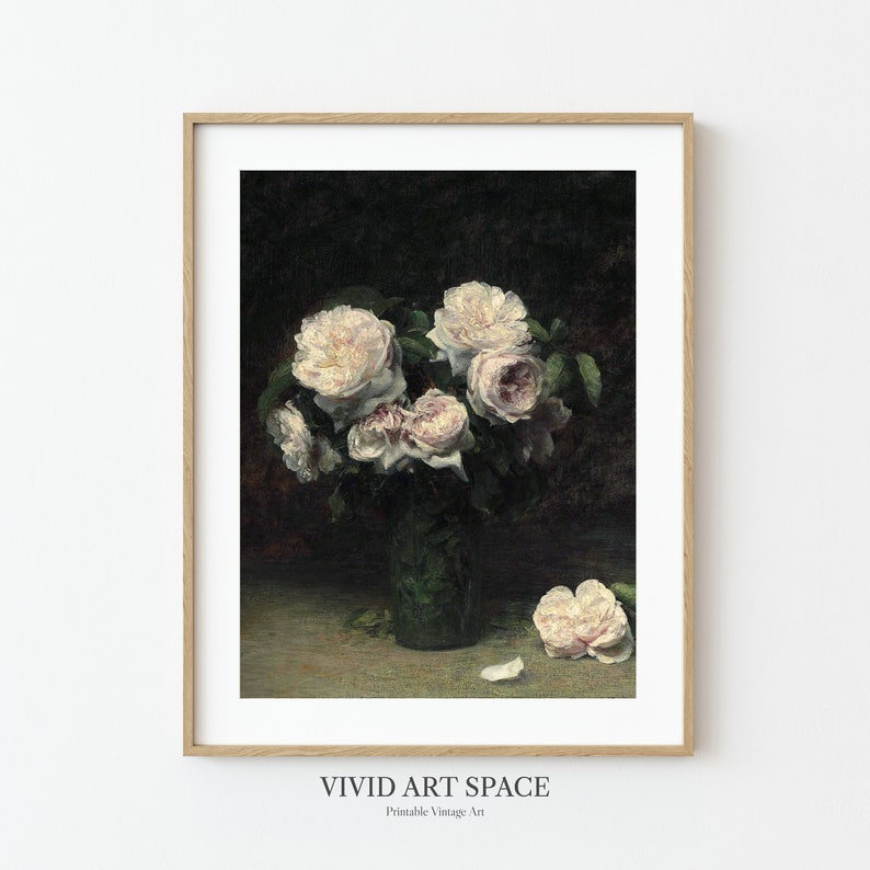May include: A vintage painting of a bouquet of white roses in a green vase. The roses are arranged in a loose, natural style, and the vase is simple and elegant. The painting is set against a dark background, which helps to highlight the beauty of the flowers.