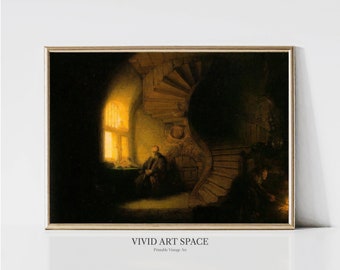 May include: A vintage painting depicting a man sitting in a dimly lit room with a spiral staircase in the background. The man is wearing a dark robe and is looking down at a book. The room is illuminated by a window on the left side of the painting, casting a warm glow on the man and the staircase.