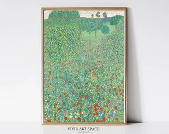 グスタフ・クリムト作「花咲くポピー」緑の風景画、ファインアート