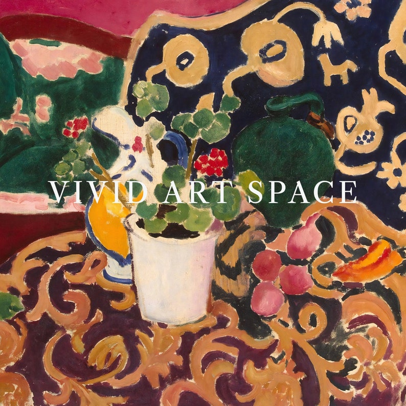 May include: A still life painting featuring a white ceramic pitcher, a green ceramic jug, a white pot with a green plant, and red berries. The objects are arranged on a table with a dark purple and gold patterned tablecloth. The text "VIVID ART SPACE" is visible in the center of the painting.