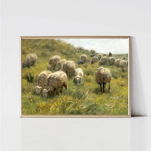 Vintage Sheep Painting | Rustic Meadow Landscape | Country Spring Wildflower Print | Printable Farmhouse Wall Art | Digital Download