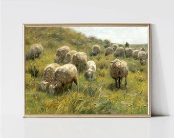Vintage Sheep Painting | Rustic Meadow Landscape | Country Spring Wildflower Print | Printable Farmhouse Wall Art | Digital Download