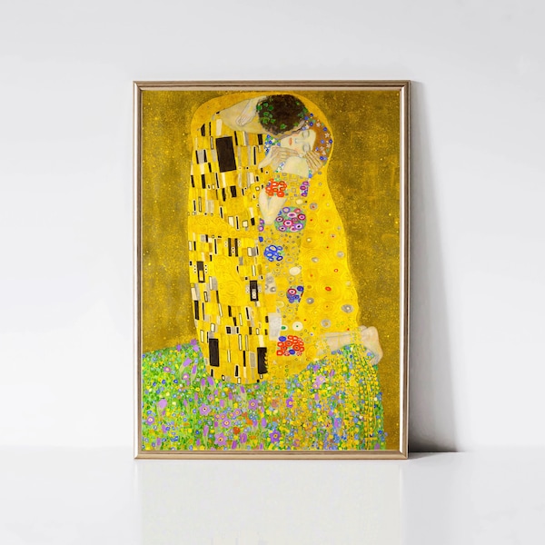 El beso de Gustav Klimt / Pintura de retrato moderno / Impresión Art Nouveau / Cartel de amor romántico / Arte de pared imprimible / Descarga digital