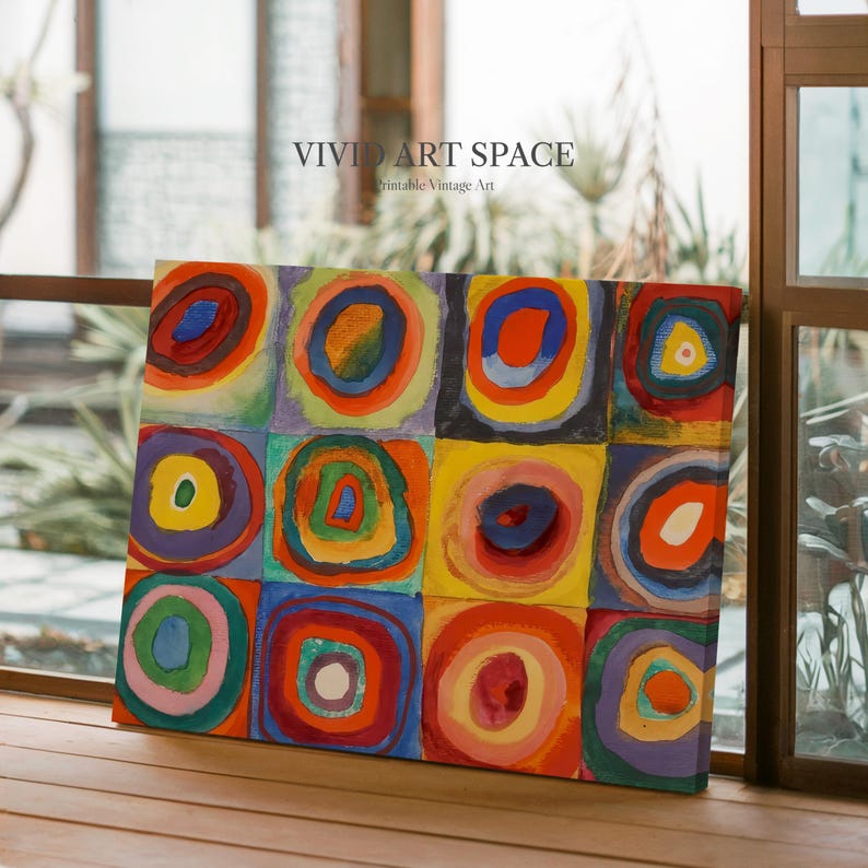 May include: A colorful abstract painting featuring a grid of squares, each containing concentric circles in various colors. The artwork includes vibrant hues of red, blue, yellow, and green. The text "VIVID ART SPACE Printable Vintage Art" is visible in the upper portion of the image.
