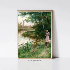 Pintura de rio de floresta de verão | Retrato da mulher do Victorian Pôster | Impressão da paisagem dos Wildflowers do vintage de <br> Entrega Rápida? Arte de parede para impressão | Download digital