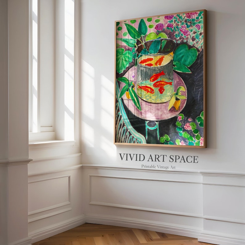 May include: A painting of a glass bowl with goldfish inside, sitting on a table with a pink tablecloth. The bowl is surrounded by green plants and flowers. The background is dark blue.
